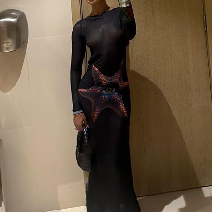 Long Sleeve Crew Neck Starfish Print Maxi Sheath Dress Product Image