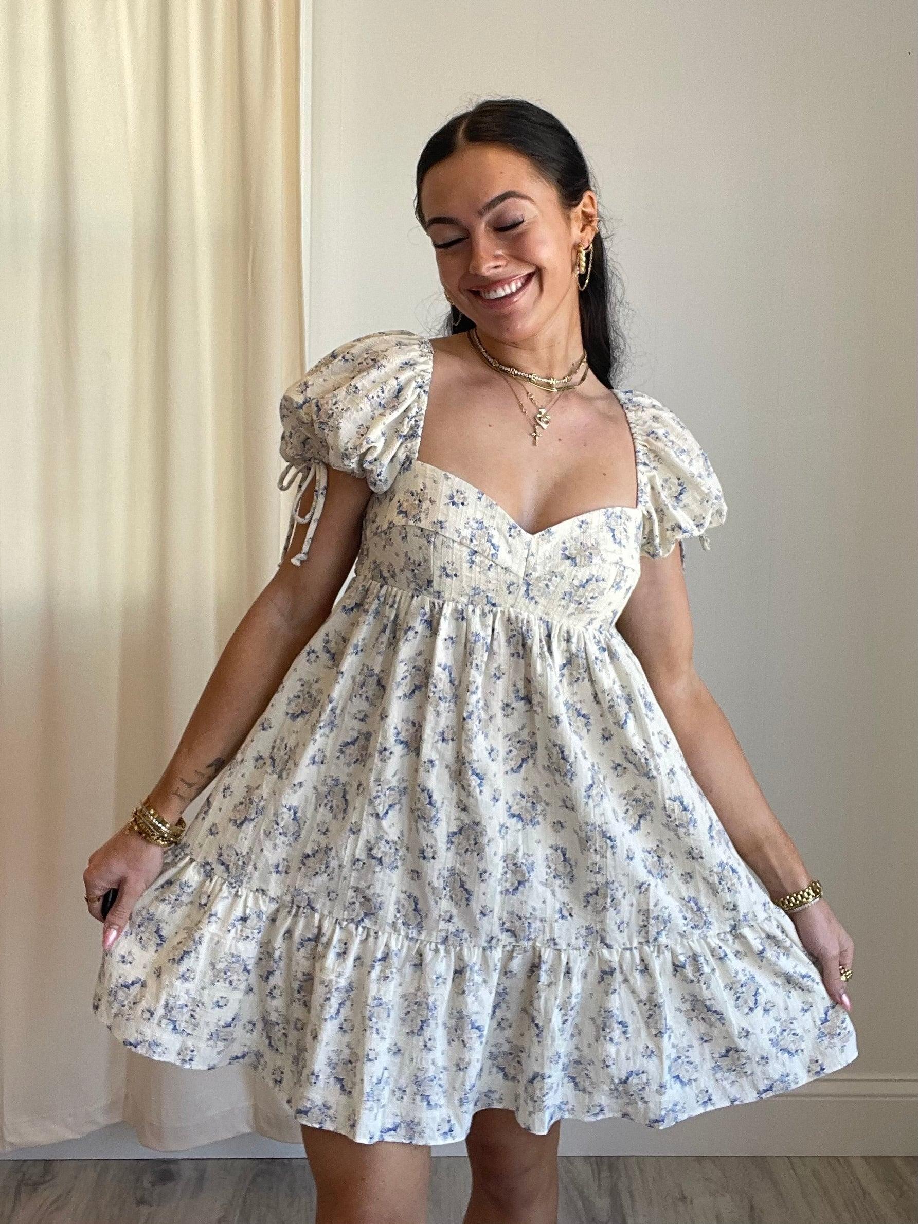 FINAL SALE Bardot Floral Babydoll Dress | Taupe Blue Product Image