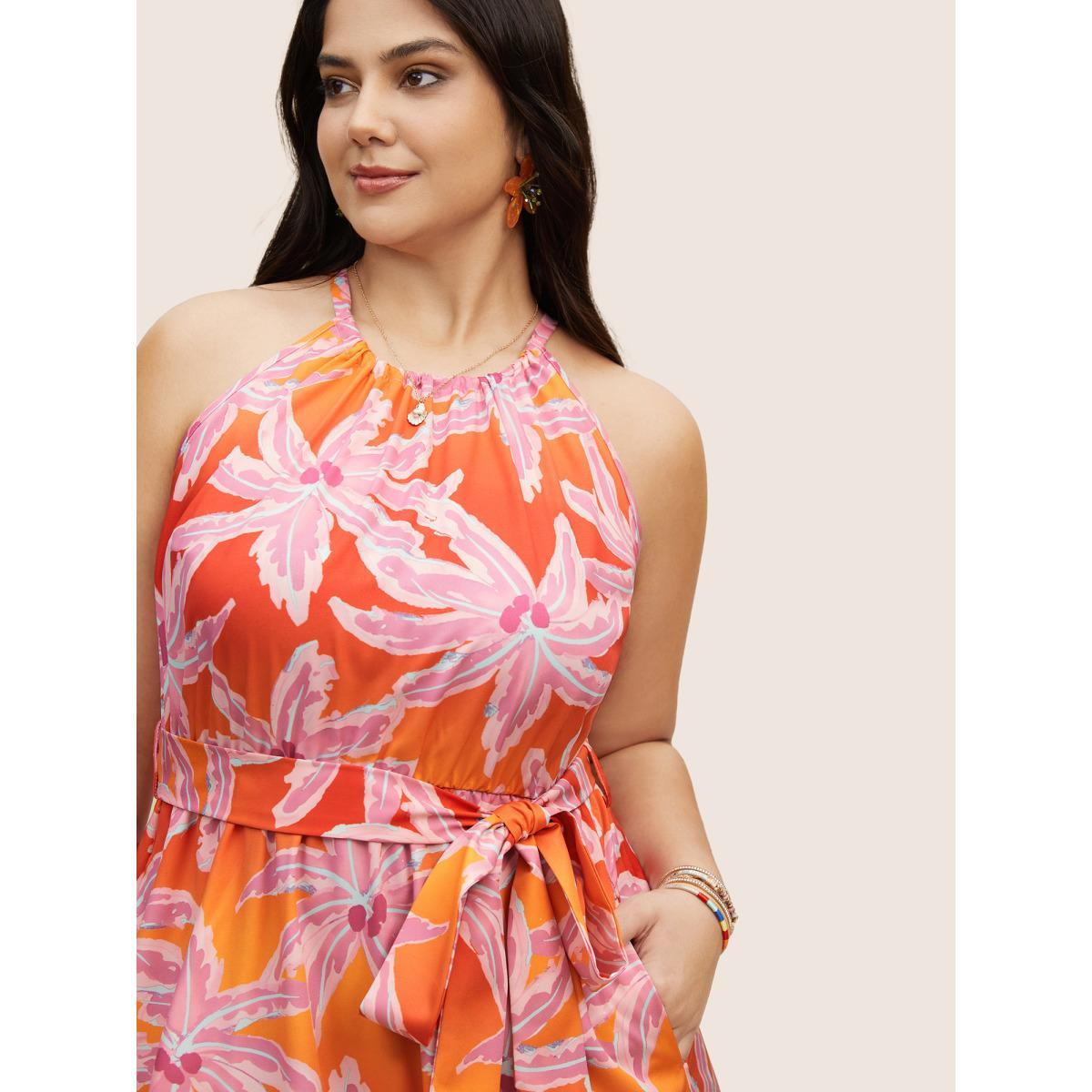 Plus Size Tropical Hand Painted Halter Belt Gathered Dress Pink Women Resort Gathered Halter neck Sleeveless Curvy BloomChic 10/M Product Image