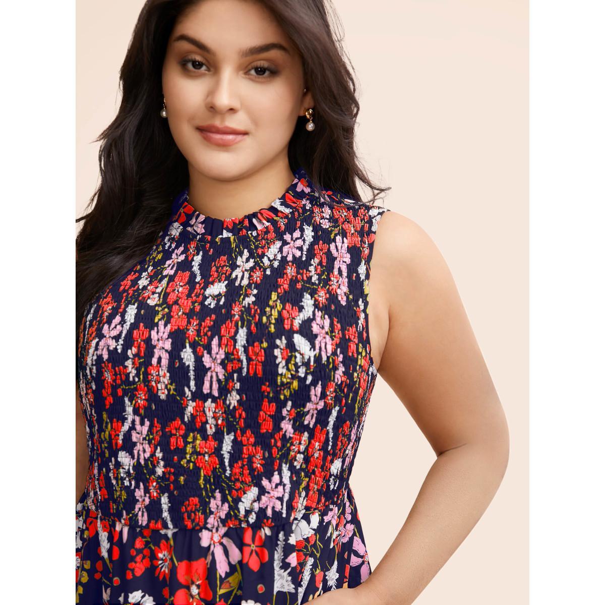 Plus Size Floral Shirred Mock Neck Cut Out Pocket Ruffle Hem Dress DarkBlue Women Elegant Frill Trim Mock Neck Sleeveless Curvy Midi Dress BloomChic 30/6X Product Image