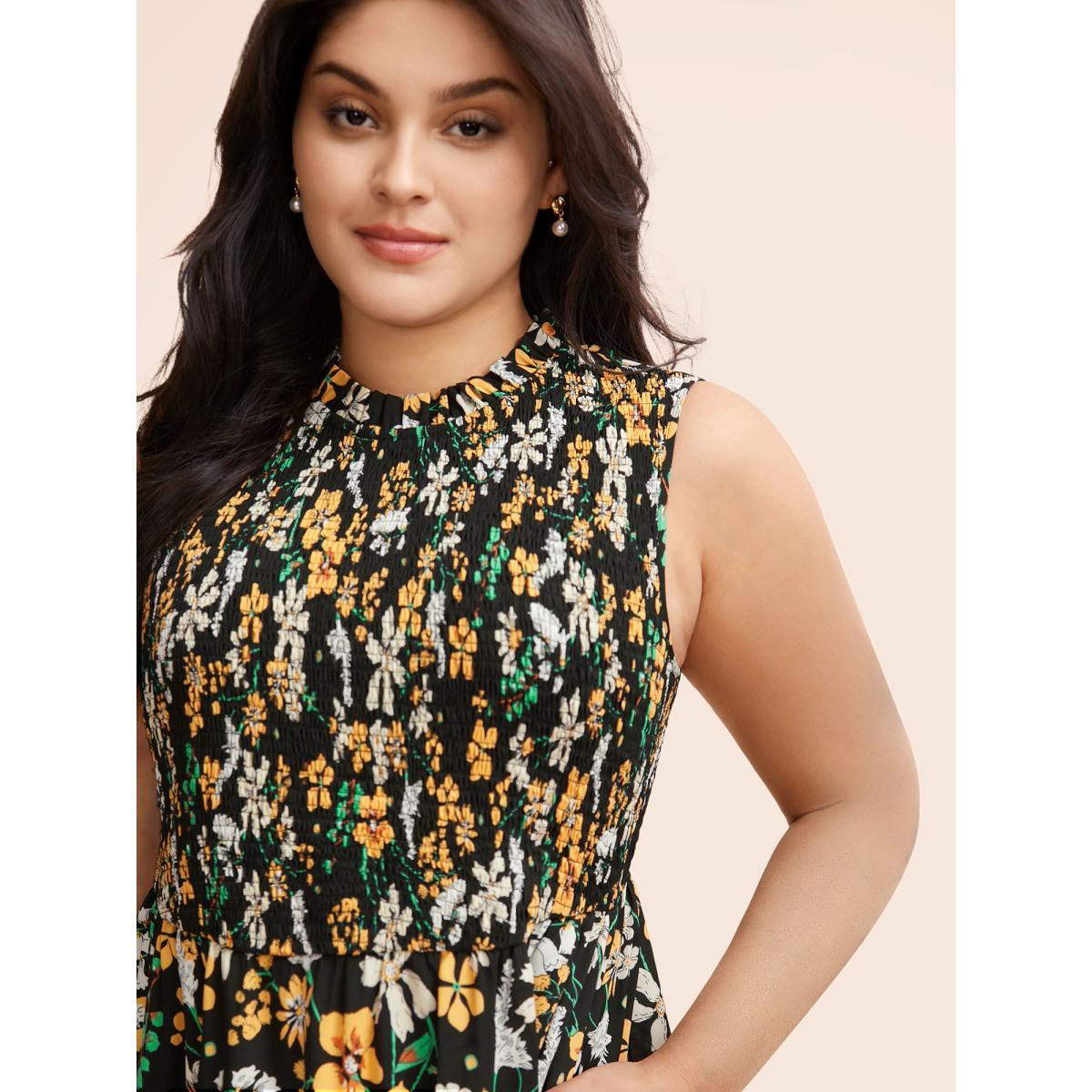 Plus Size Floral Shirred Mock Neck Cut Out Pocket Ruffle Hem Dress Black Women Elegant Frill Trim Mock Neck Sleeveless Curvy Midi Dress BloomChic 14-16/1X Product Image