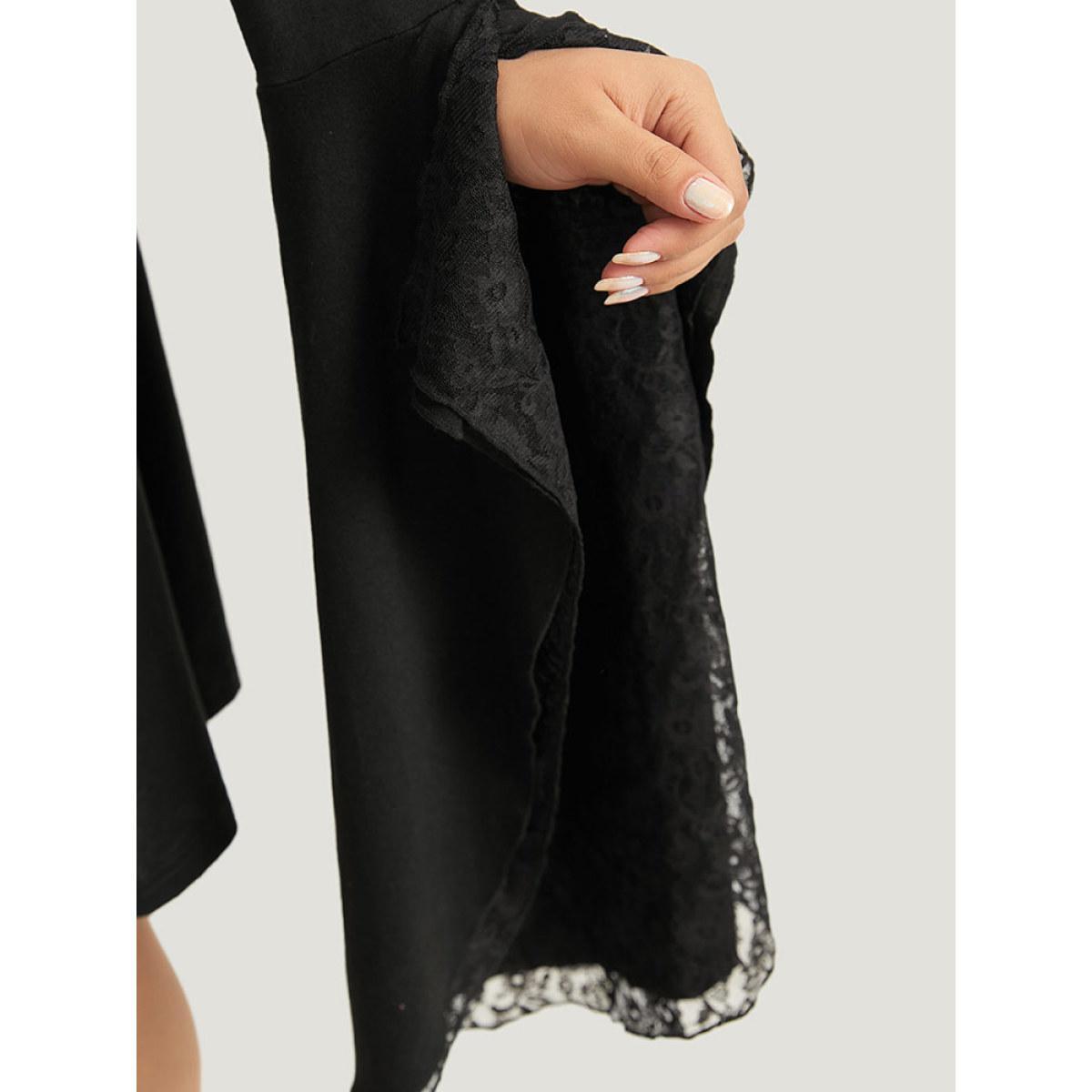 Plus Size Halloween Crochet Lace Round Neck Bell Sleeve Dress Black Women Casual Plain Round Neck Long Sleeve Curvy Knee Dress BloomChic 28/5X Product Image