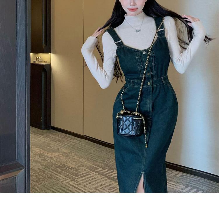 Washed Denim Buttoned Maxi Overall Dress Product Image