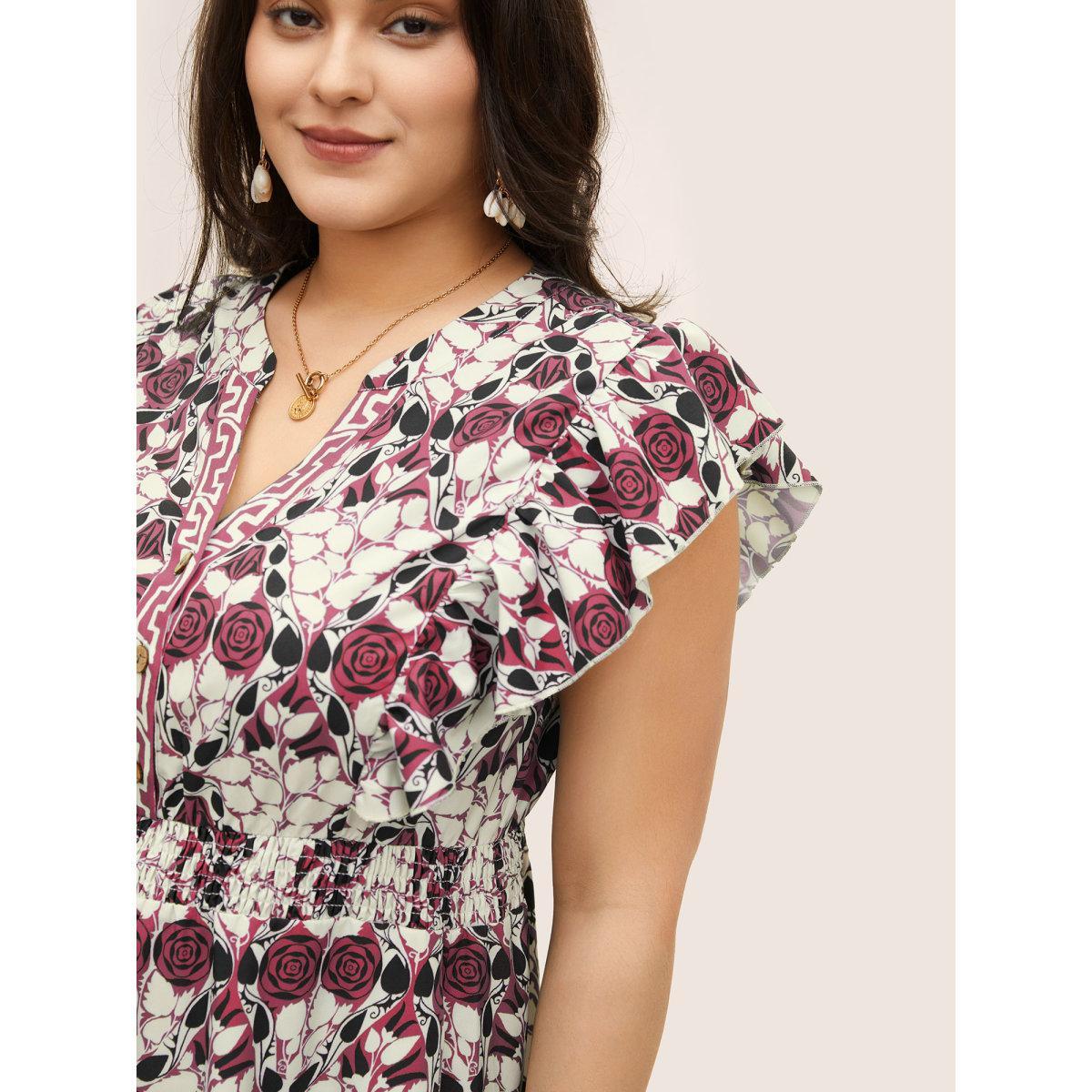 Plus Size Boho Print Ruffles Shirred Pocket Elastic Waist Dress Russet Women Resort Non Notched collar Cap Sleeve Curvy Midi Dress BloomChic 22-24/3X Product Image