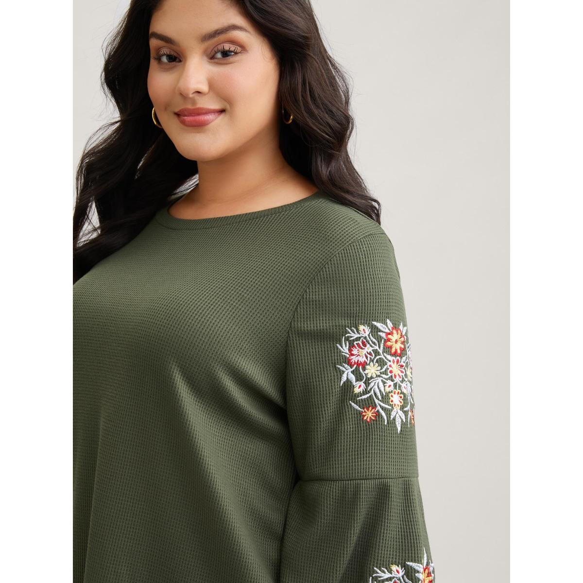 Plus Size Waffle Knit Floral Embroidered Lantern Sleeve T-shirt ArmyGreen Women Elegant Texture Floral Round Neck Everyday T-shirts BloomChic 14-16/1X Product Image