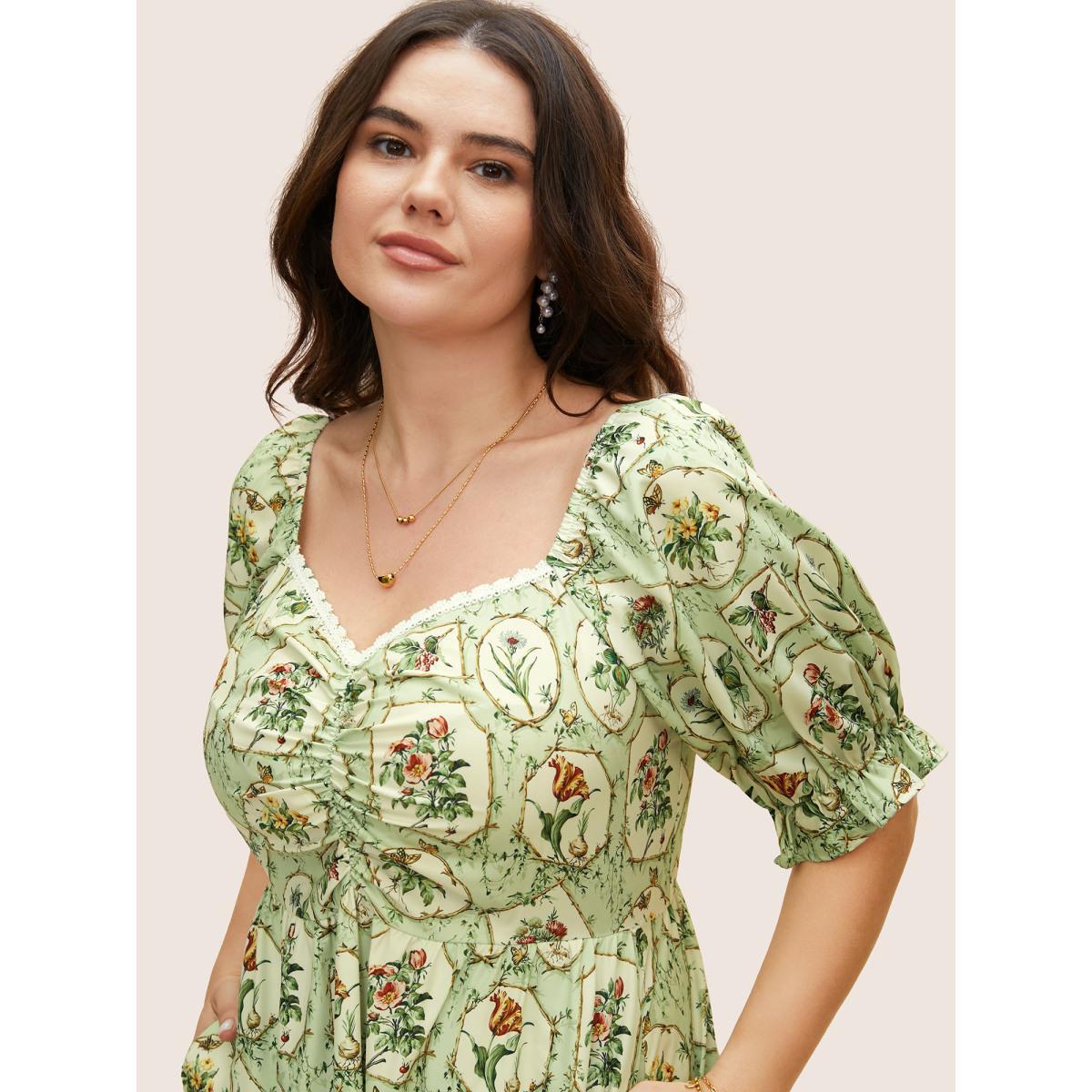 Plus Size Boho Print Frill Trim Patchwork Woven Ribbon Dress Sage Women Elegant Woven ribbon&lace trim Heart neckline Half Sleeve Curvy BloomChic 10/M Product Image