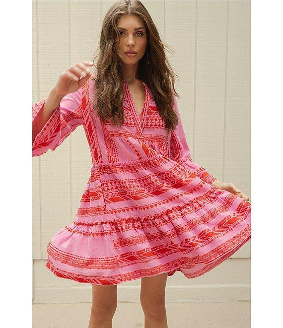 ELAN Arrow Print Split V-Neck 3/4 Bell Sleeve Babydoll Dress Product Image