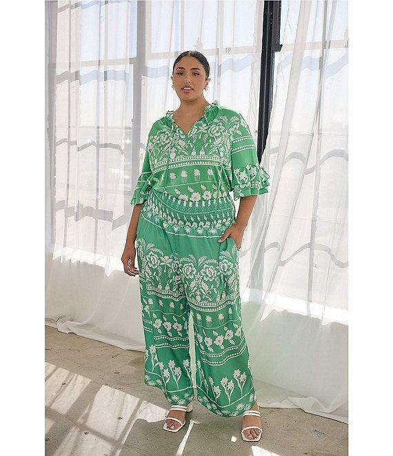 Sugarlips Plus Tropical Printed Smocked Waist Wide Leg Satin Coordinating Pants Product Image