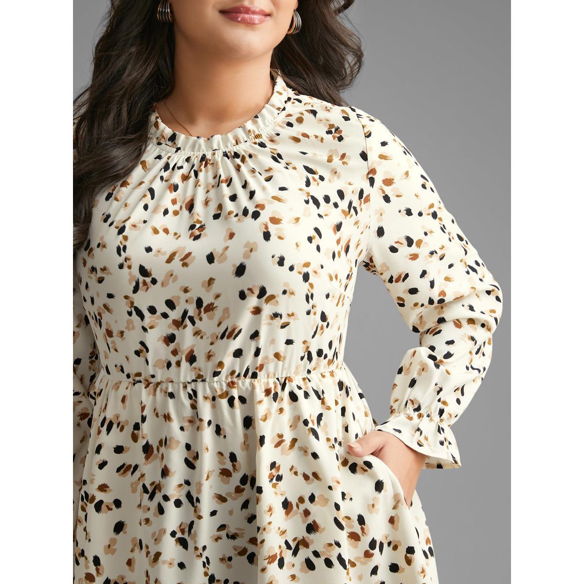 Plus Size Beige Color Leopard Print Frill Trim Blouse Women Elegant Long Sleeve Round Neck Everyday Blouses BloomChic 10/M Product Image