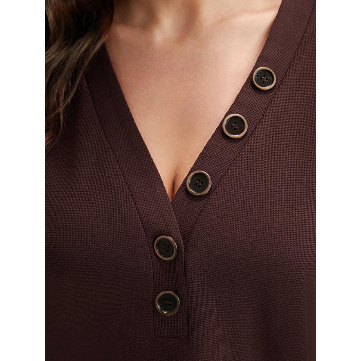 Plus Size Solid Cuffed Sleeve Split Hem Long Tee Burgundy Women Casual Button Plain V-neck Work T-shirts BloomChic 26/4X Product Image