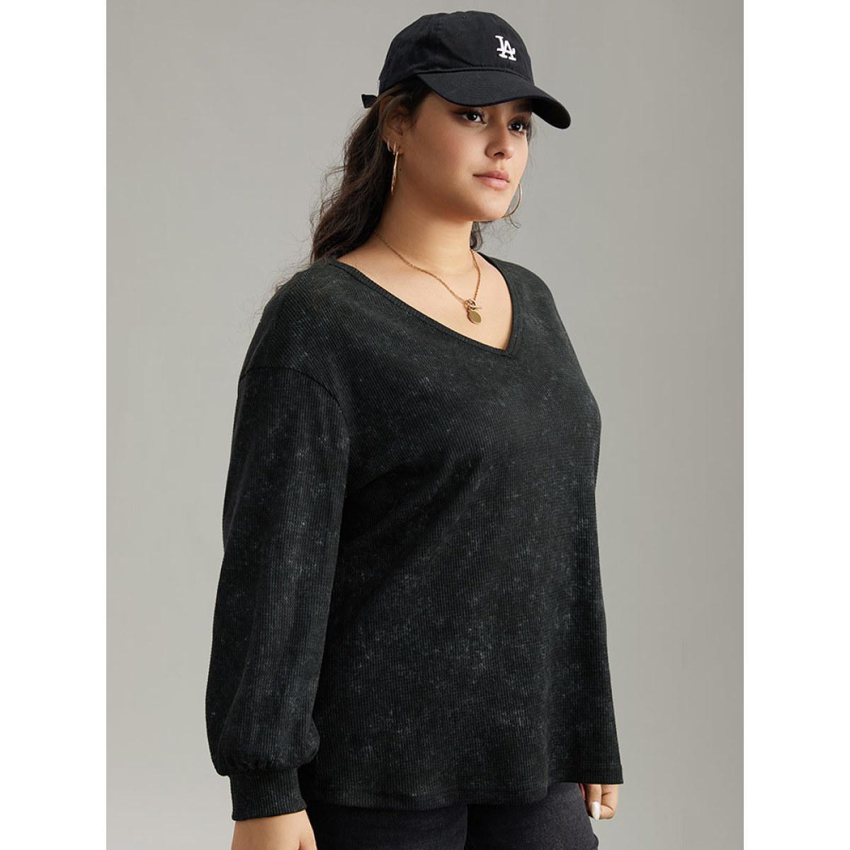Plus Size Waffle Knit Heather V Neck T-shirt Black Women Casual Waffle Knit Plain V-neck Everyday T-shirts BloomChic 18-20/2X Product Image