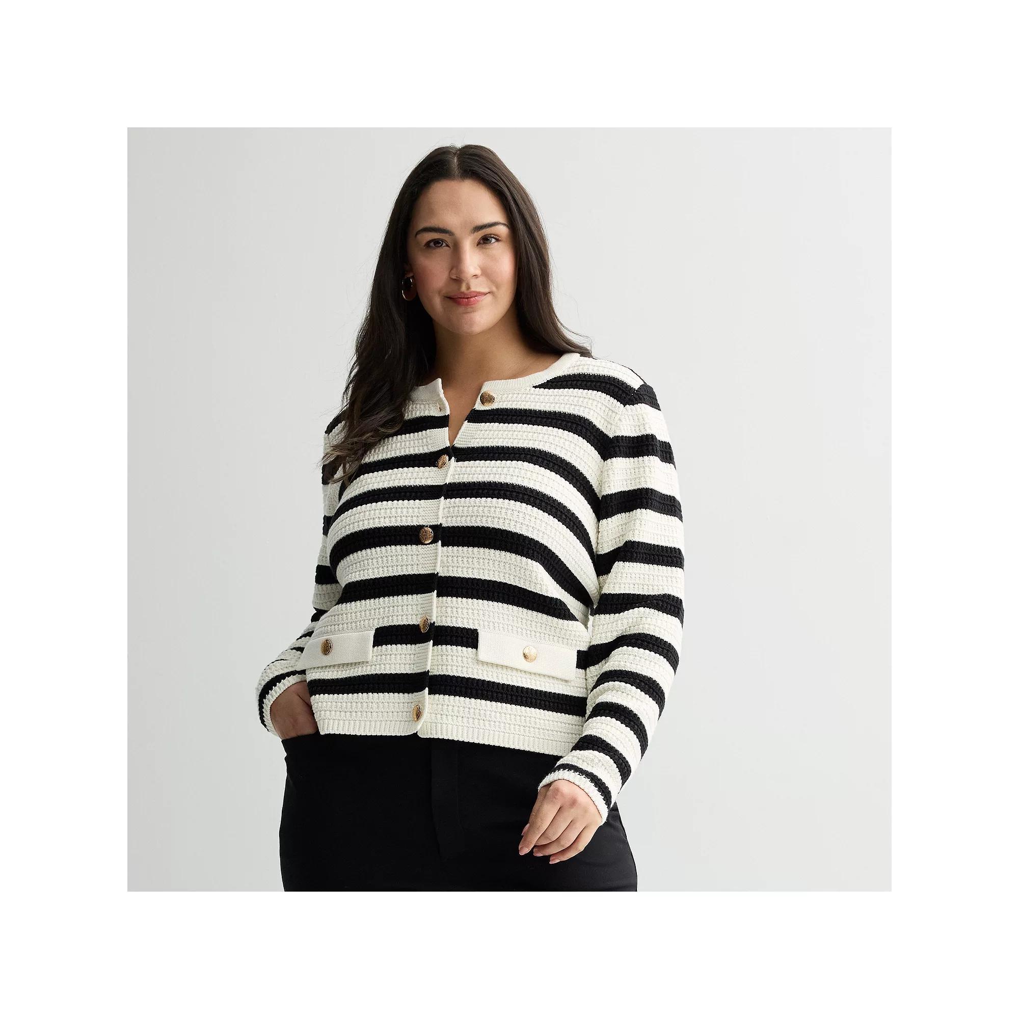 Plus Size Nine West Textured Cardigan Sweater, Women's, Size: 2XL, White Black Product Image
