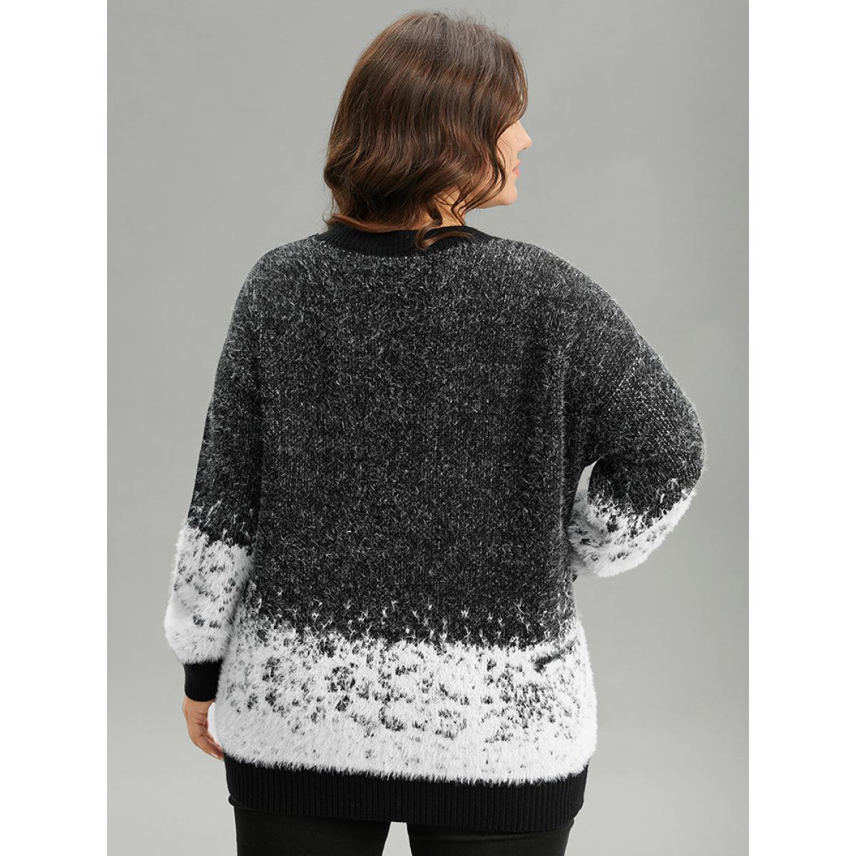 Plus Size Fuzzy Snowflake Elastic Cuffs Pullover Black Women Casual Loose Long Sleeve Round Neck Festival-Halloween Pullovers BloomChic 12/L Product Image