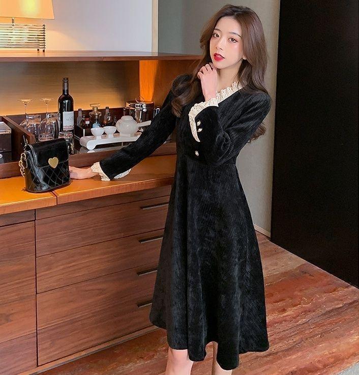 Long-Sleeve V-Neck Plain Lace Trim A-Line Dress Product Image