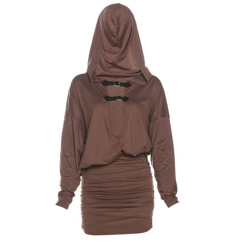 Long-Sleeve Hooded Plain Bucked Mini Bodycon Dress Product Image