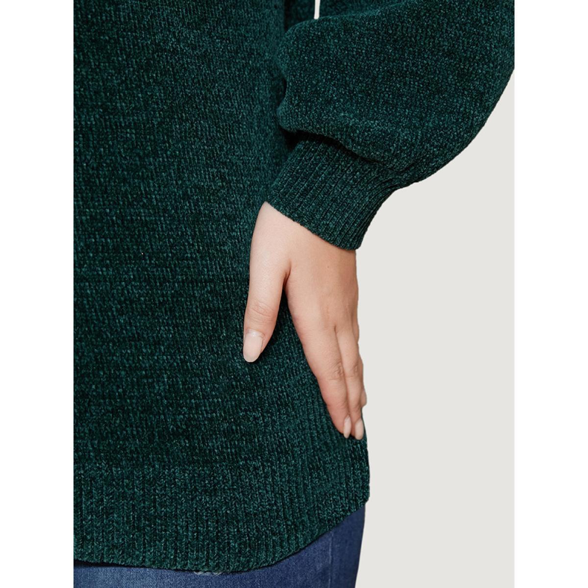 Plus Size Solid Chenille Knit Lantern Sleeve V Neck Knit Top DarkGreen Women Elegant Long Sleeve V-neck Dailywear Pullovers BloomChic 18-20/2X Product Image