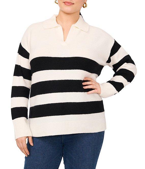 Vince Camuto Plus Size Knit Stripe Print V-Neck Long Sleeve Sweater Product Image
