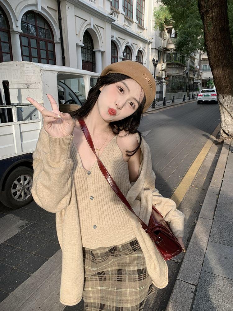 V-Neck Plain Button Accent Knit Crop Camisole Top / Cardigan Product Image