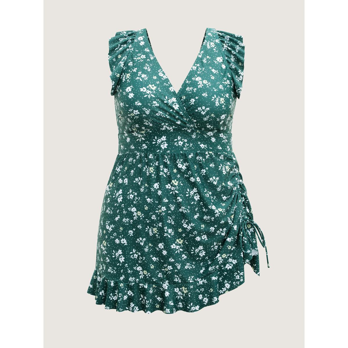 Plus Size Ditsy Floral Print Drawstring Swim Dress Women's Swimwear DarkGreen Beach Bodycon Overlap Collar High stretch Curve Swim Dresses BloomChic 28/5X Product Image