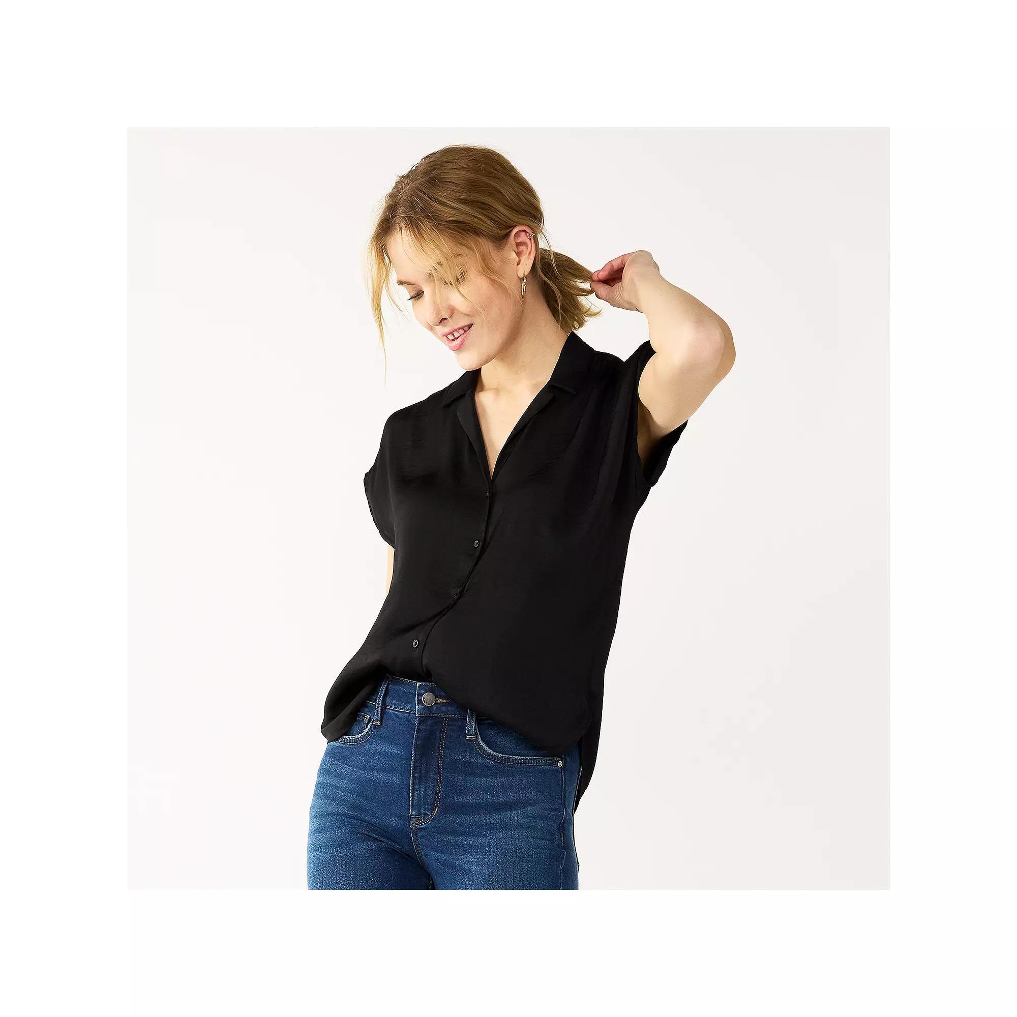Women's Petite Nine West Short Sleeve Easy Lapel Shirt, Size: XXL Petite, Black Product Image