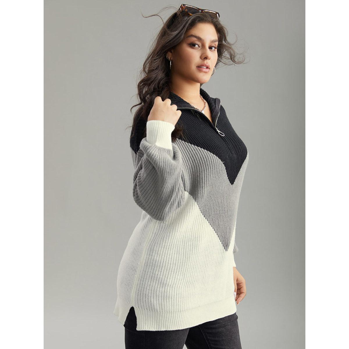 Plus Size Colorblock Patchwork Zipper Lapel Collar Pullover Multicolor Women Casual Long Sleeve Lapel Collar Everyday Pullovers BloomChic 26/4X Product Image