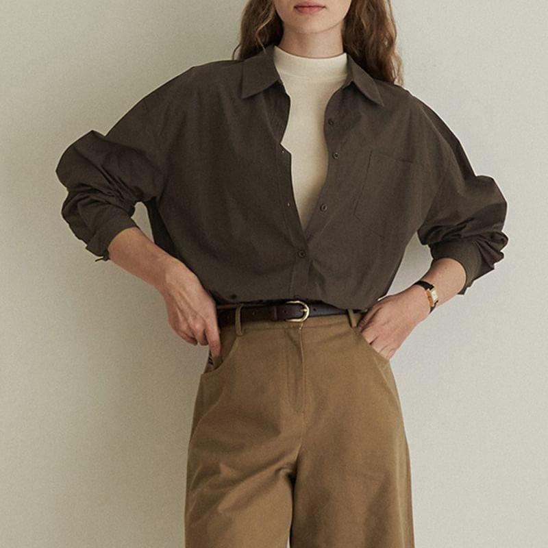 Long Sleeve Collared Plain Button Up Oversized Shirt Product Image