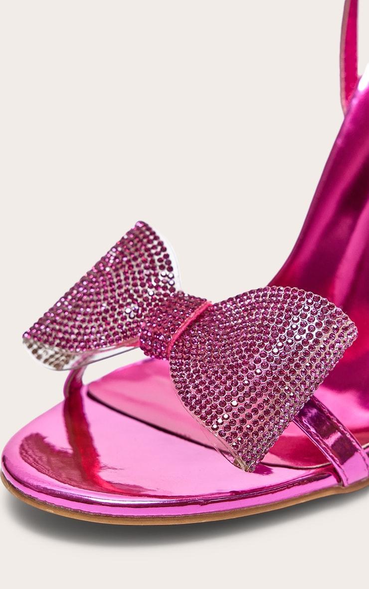 Pink Metallic PU Round Toe Diamante Bow Heeled Sandals Product Image