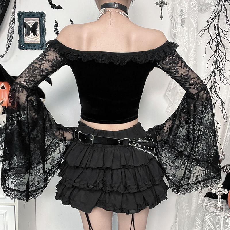 Flare-Sleeve Off Shoulder Plain Crop Top Product Image