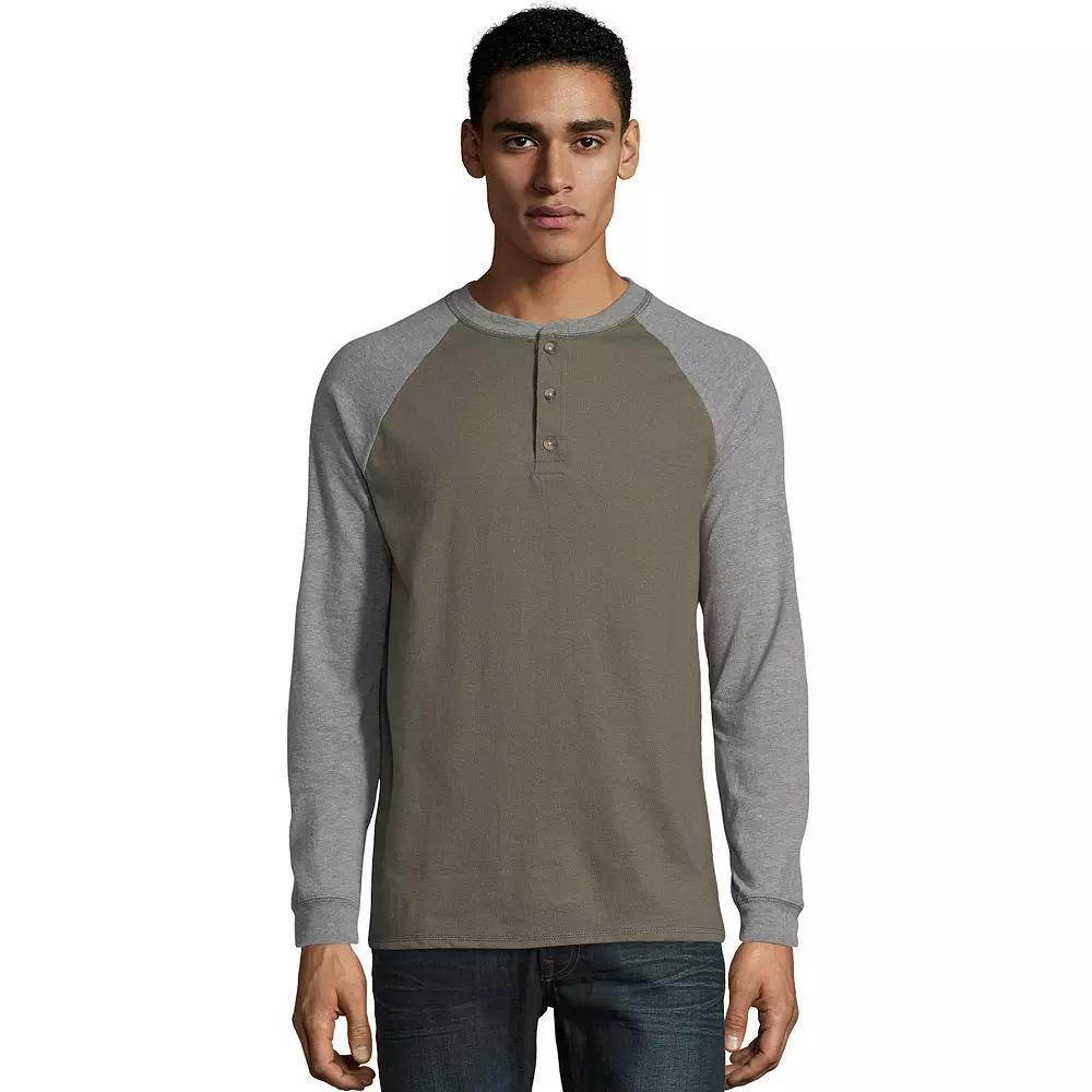Men's Hanes® Beefy Heavyweight Colorblock Raglan Henley, Size: Small, Oxford Gray Grey Product Image
