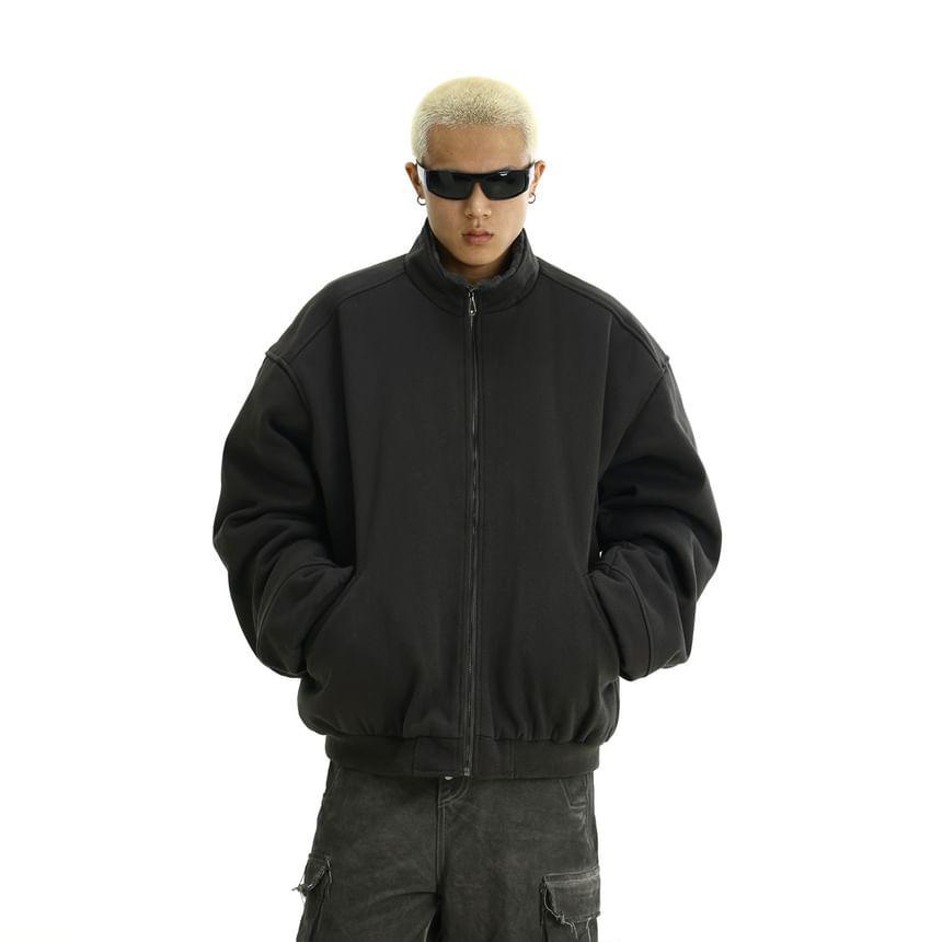 Fluffy Stand Collar Plain Zip Puffer Jacket Product Image