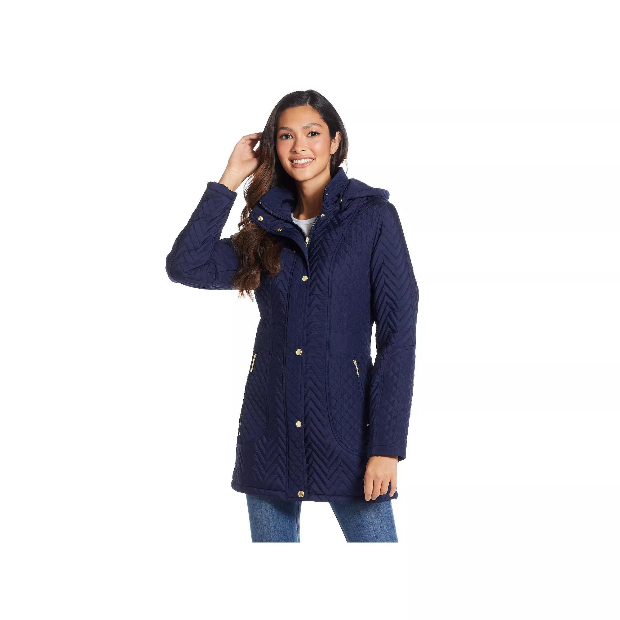 Women's Weathercast Hooded Chevron Quilted Walker Jacket, Size: XL, Blue Product Image