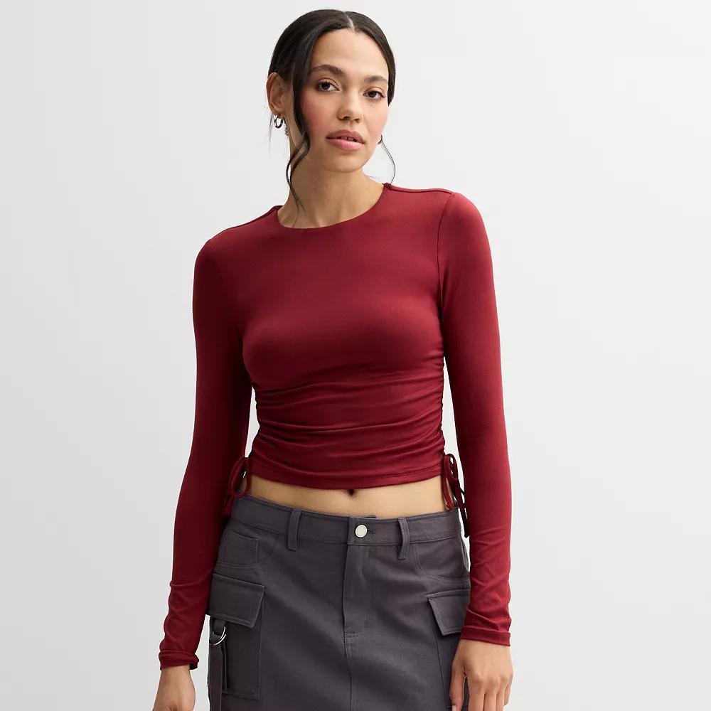 Juniors Harper & Ivy Long Sleeve Lined & Side Ruching Cropped Top, Womens Product Image