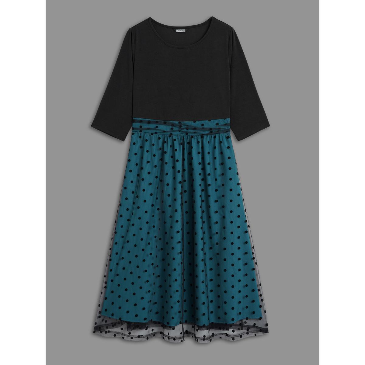 Plus Size Polka Dot Flocking Mesh Patchwork Dress Teal Women Elegant Gathered Round Neck Elbow-length sleeve Curvy BloomChic 18-20/2X Product Image