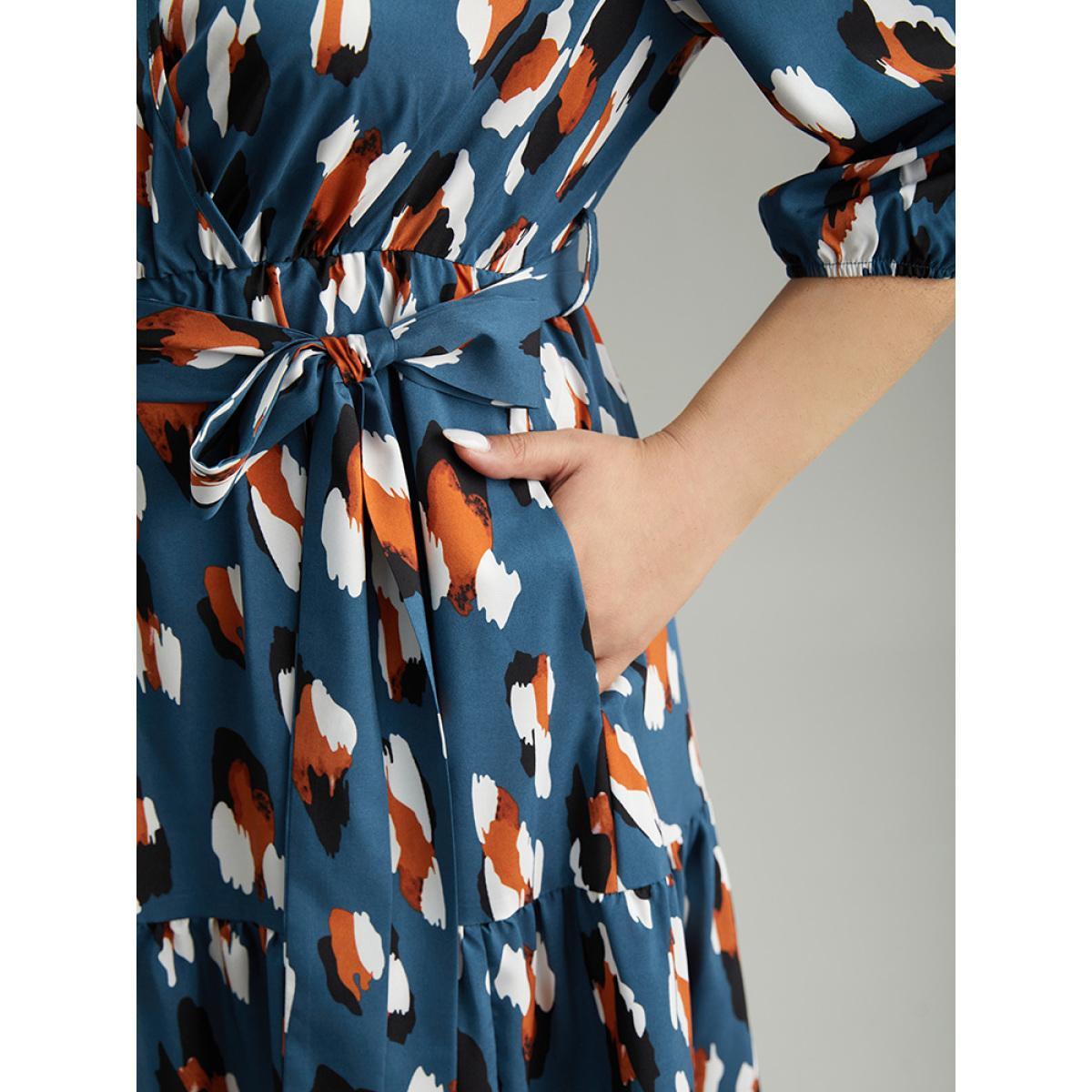 Plus Size Allover Print Ruffle Layered Hem Wrap Belted Dress Cerulean Women Office Elastic cuffs Overlap Collar Elbow-length sleeve Curvy Midi Dress BloomChic 30/6X Product Image