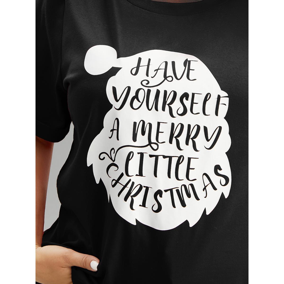 Plus Size Christmas Print Round Neck Roll Sleeve T-shirt Black Women Casual Printed Christmas Festival-Christmas T-shirts BloomChic 18-20/2X Product Image