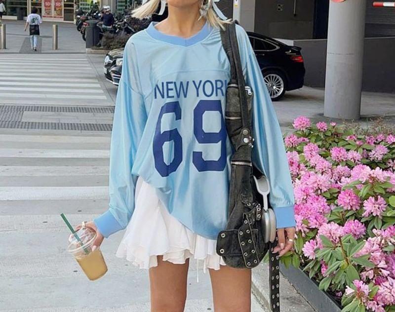 Long-Sleeve V-Neck Number Print Satin Tee Product Image