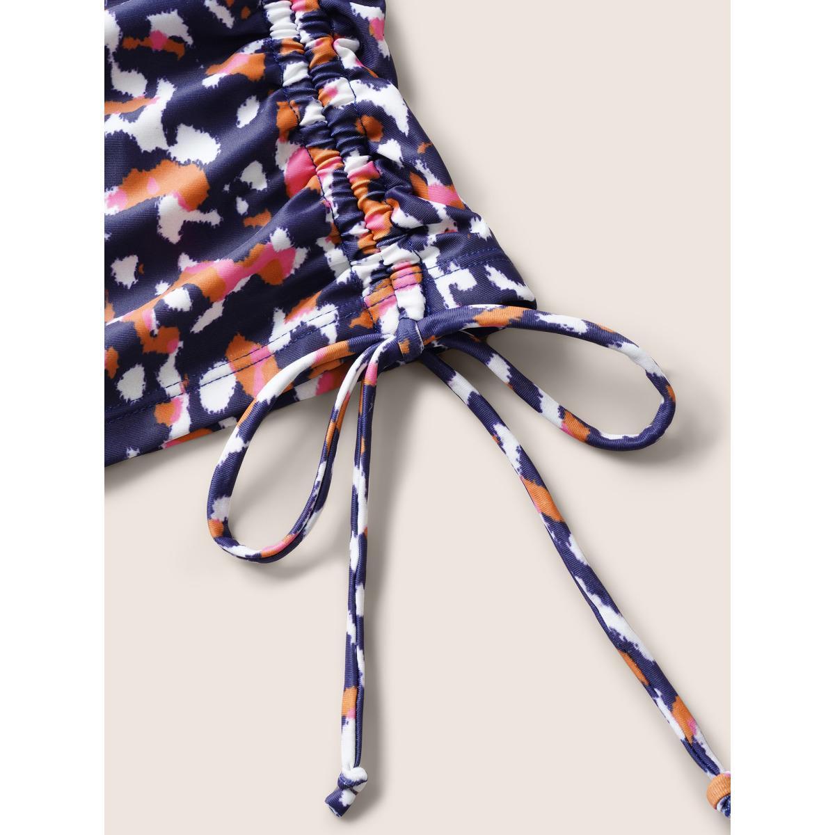 Plus Size Leopard Print Contrast Drawstring Swim Top Women's Swimwear Midnight Beach Contrast High stretch Bodycon V-neck Curve Swim Tops BloomChic 10/M Product Image