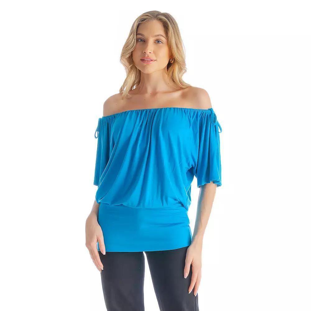 Women's 24Seven Comfort Apparel Solid Short Sleeve Split Shoulder Top, Size: Small, Turquiose Product Image