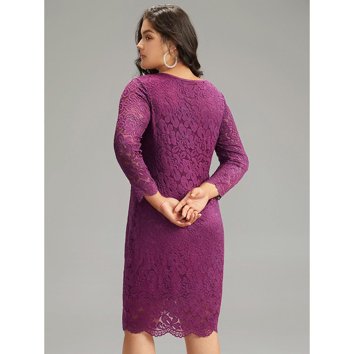 Plus Size Crochet Lace Mesh Scalloped Trim Dress Purple Women Glamour Plain V-neck Long Sleeve Curvy Knee Dress BloomChic 12/L Product Image