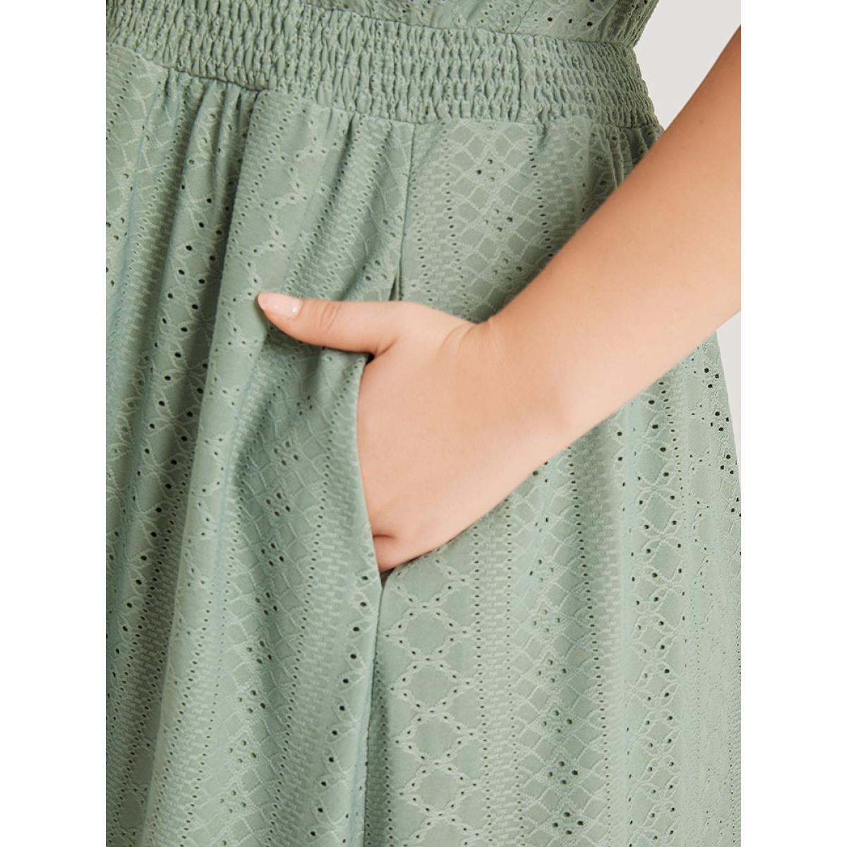 Plus Size Geometric Eyelet Pocket Button Detail Shirred Dress Sage Women Office Elastic cuffs V-neck Short sleeve Curvy Midi Dress BloomChic 22-24/3X Product Image