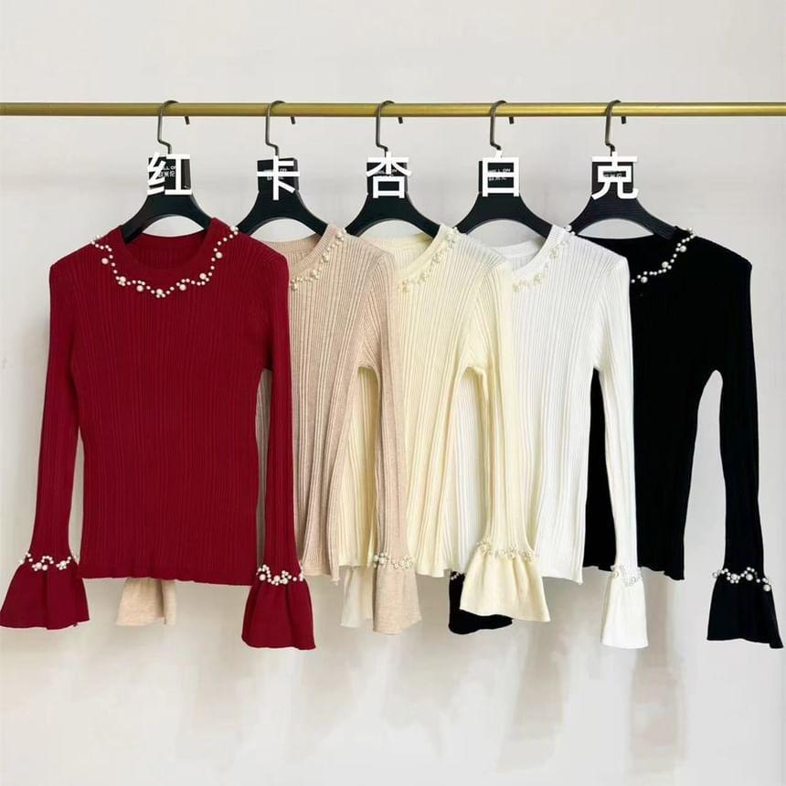 Long-Sleeve Crew Neck Plain Ribbed Faux Pearl Knit Top Product Image