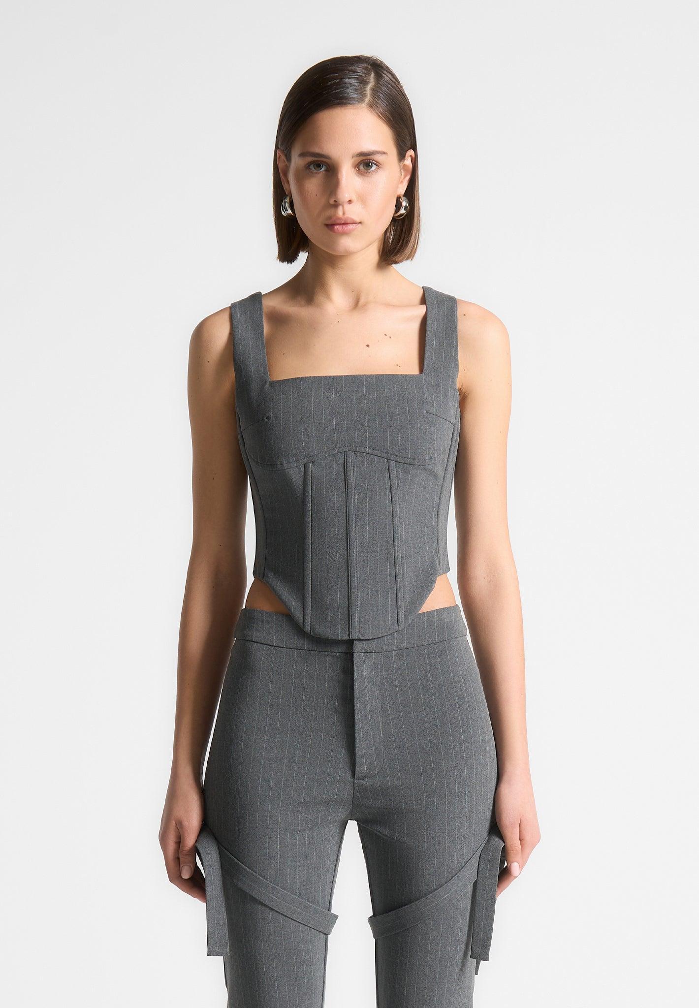 Square Neck Pinstripe Corset Top - Grey Female Product Image