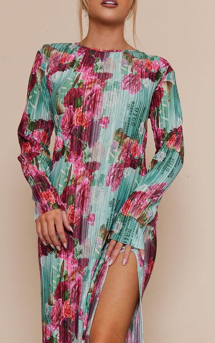 Pink Rose Print Plisse Long Sleeve Split Detail Midi Dress Product Image