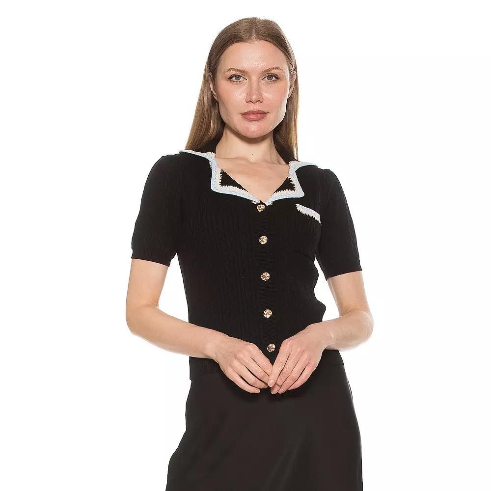 Women's ALEXIA ADMOR Kith Knit Short Sleeve Button Down Collared Top, Size: Medium, Ivory Product Image