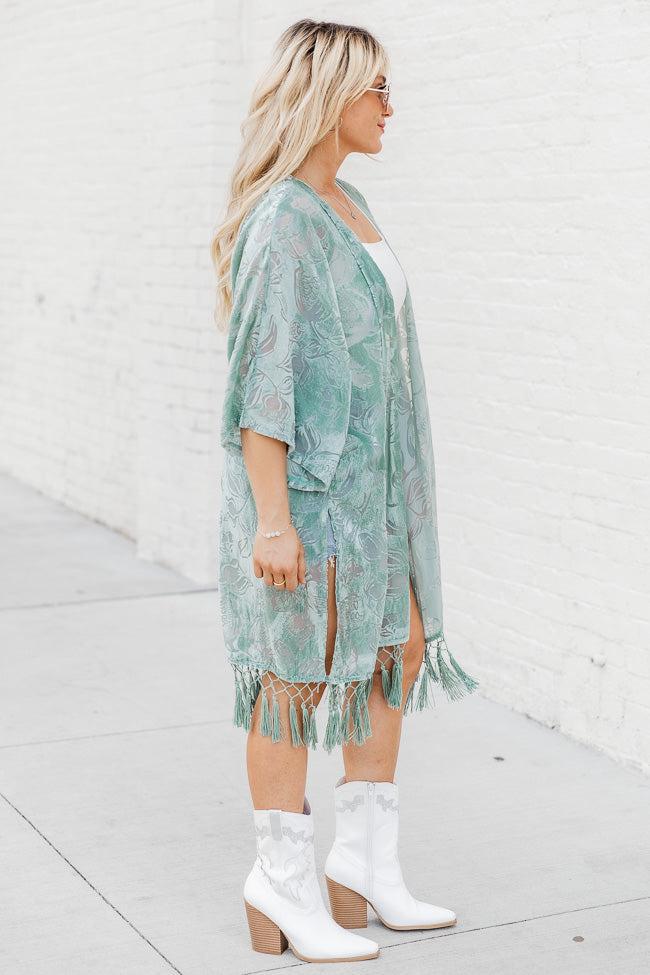 Unapologetically You Sage Velvet Floral Fringe Trim Kimono FINAL SALE Product Image