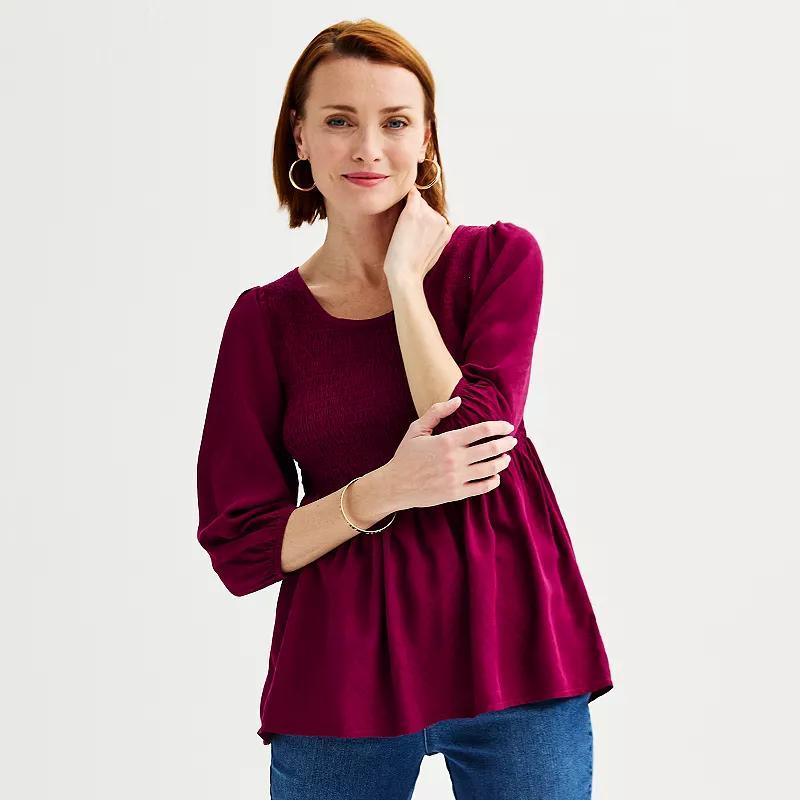 Women's Croft & Barrow® Three-Quarter Sleeve Smocked Blouse, Size: XL, Pink Garden Product Image