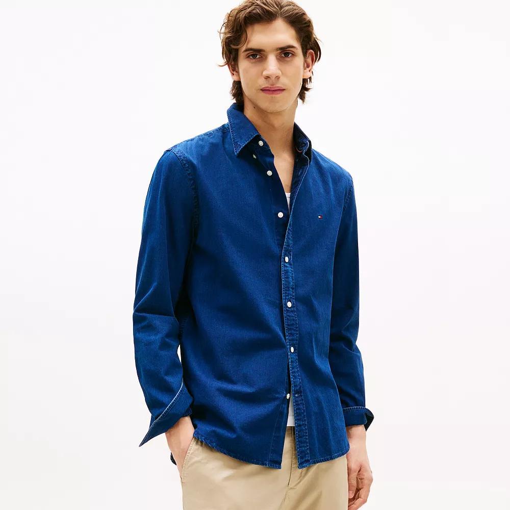 Men's Tommy Hilfiger Long Sleeve Chambray Button Down Shirt, Size: XL, Dark Blue Blue Shirt Product Image