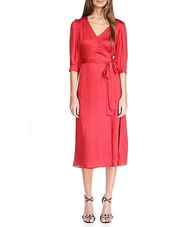 MICHAEL Michael Kors Cheetah Jacquard Midi Wrap Dress (Crimson) Women's Clothing Product Image