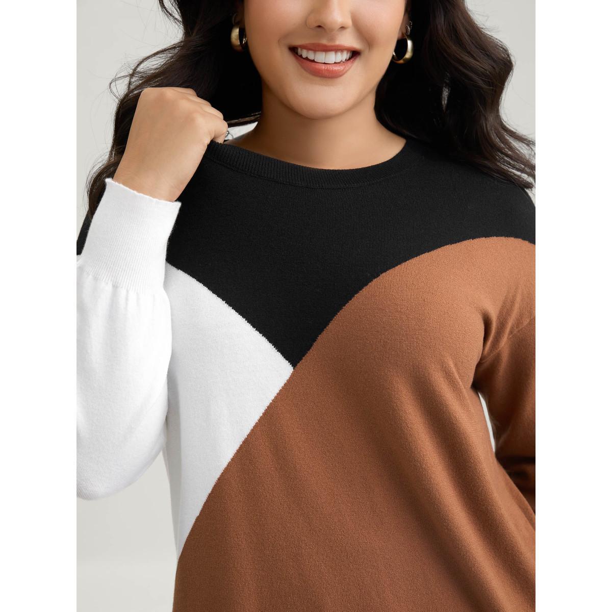 Plus Size Supersoft Essentials Colorblock Contrast Pullover Browncoffeecolor Women Casual Long Sleeve Round Neck Everyday Pullovers BloomChic 30/6X Product Image