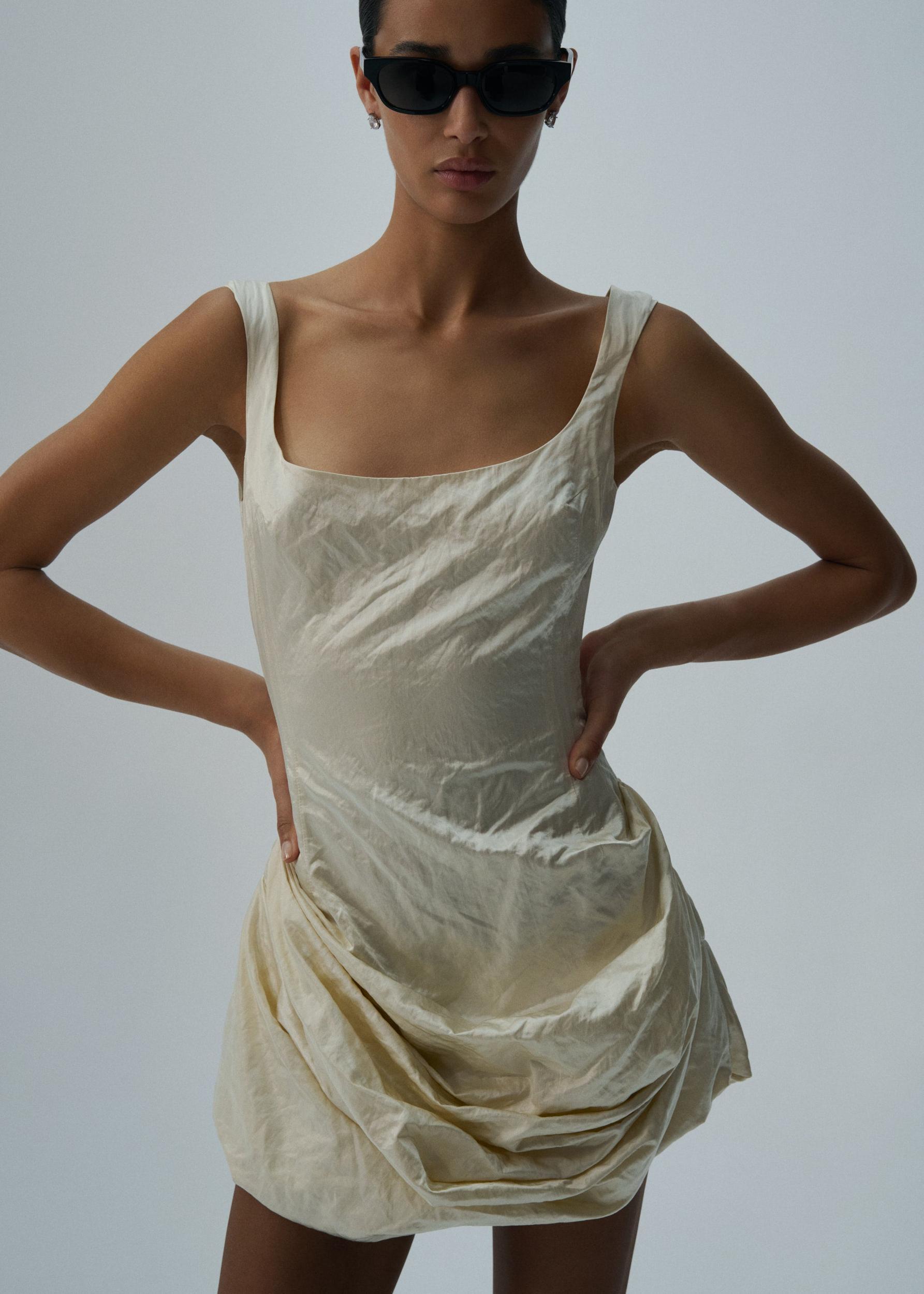 Round neck ruched cotton mini dress in cream Product Image